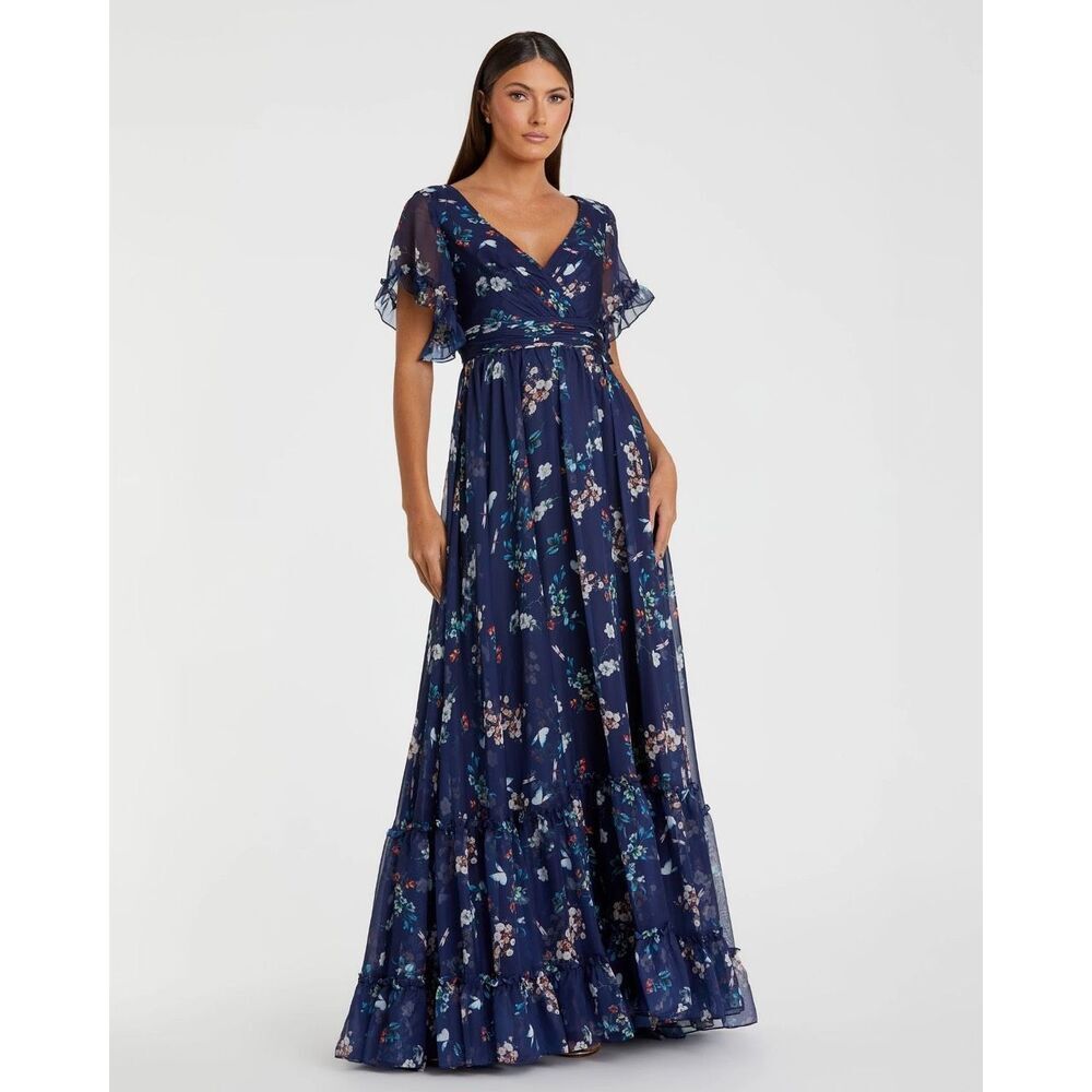 Mac Duggal NWT Flounce Sleeve Floral Maxi Dress in Navy Multi Size 6